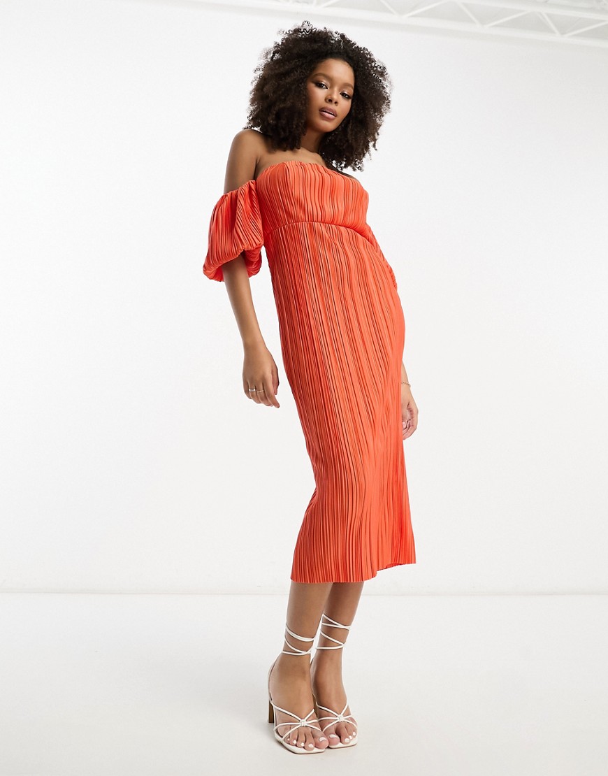 ASOS DESIGN textured plisse bardot puff sleeve midi dress in tangerine-Multi