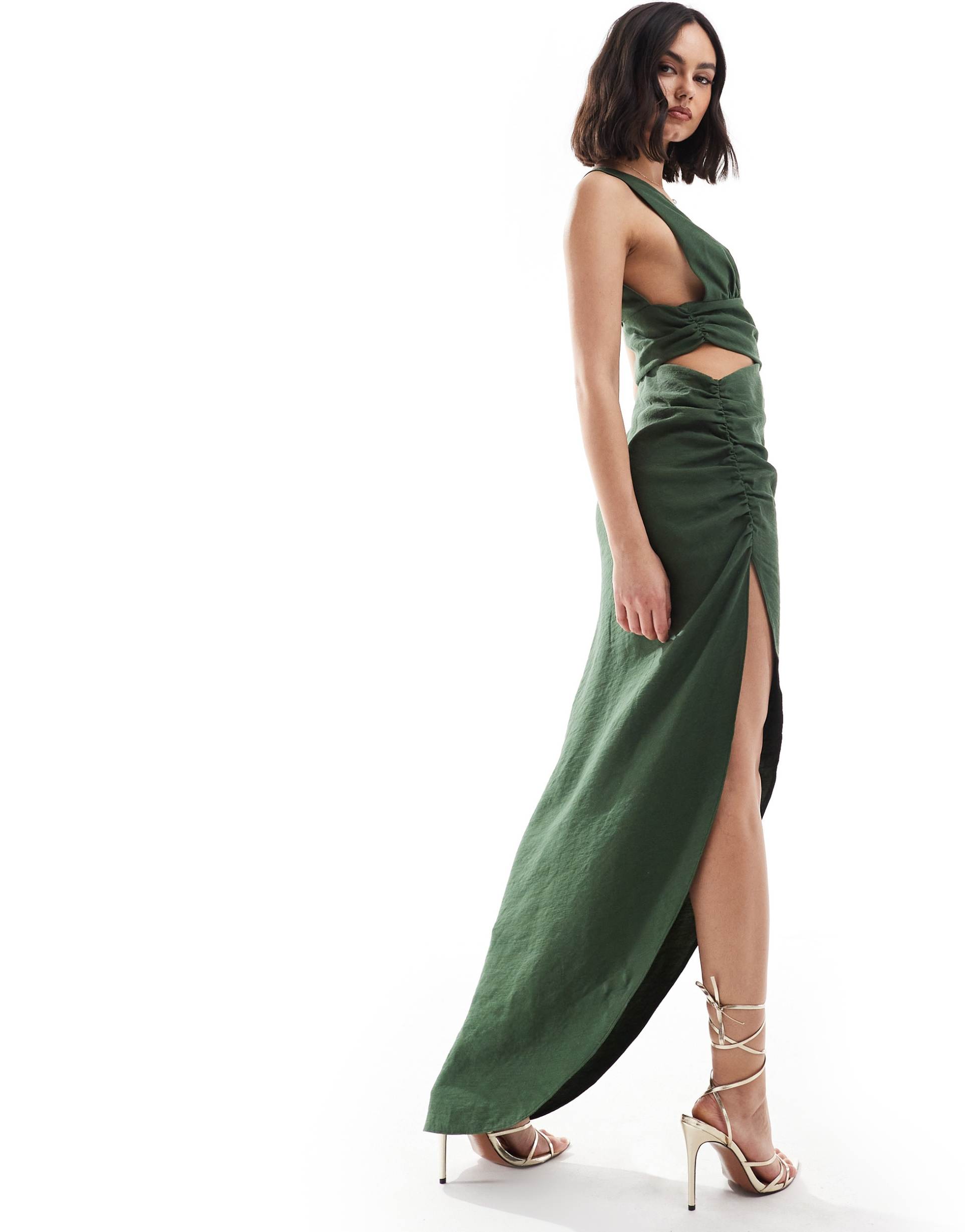 asos design textured plunge front asymmetric hem maxi dress in forest green
