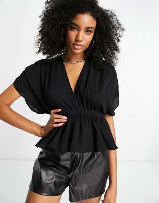 Asos Design Textured Plunge Front Top With Elastic Waist Detail In Black In Black