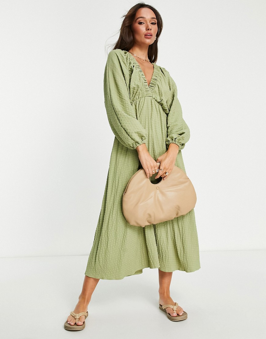 Asos Design Textured Plunge Maxi Dress With Batwing Sleeve In Khaki-Green