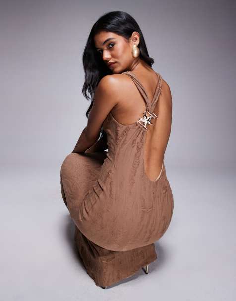 ASOS DESIGN textured plunge neck midi dress with starfish trim in brown - view 1