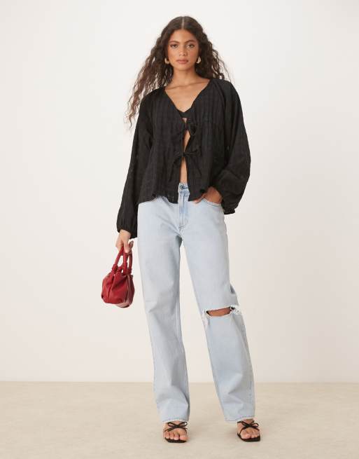 ASOS DESIGN textured plunge tie detail blouse