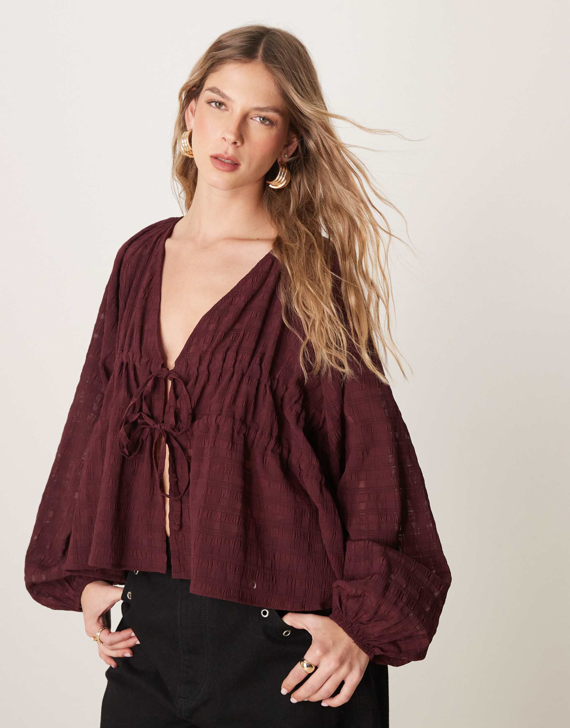 asos design textured plunge tie detail blouse