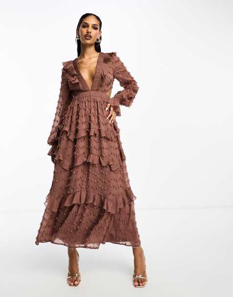 ASOS DESIGN textured plunge tiered maxi dress with tie back in mocha - view 1