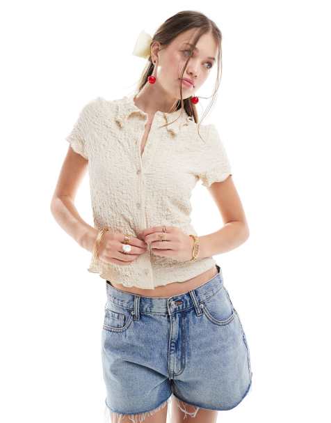 ASOS DESIGN textured polo top with lettuce edge in stone - view 1