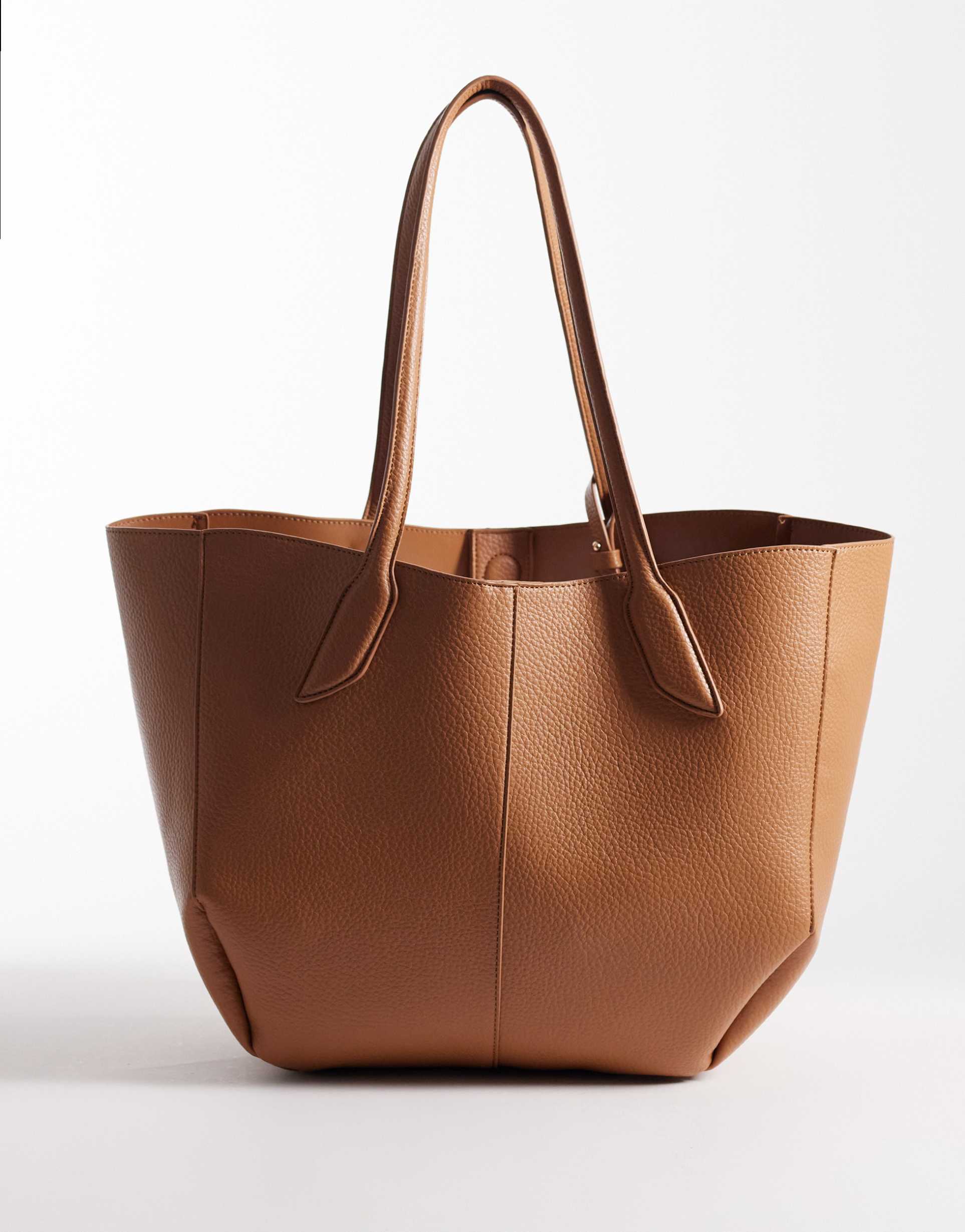 asos design textured pu vase tote with pinched corners in new camel