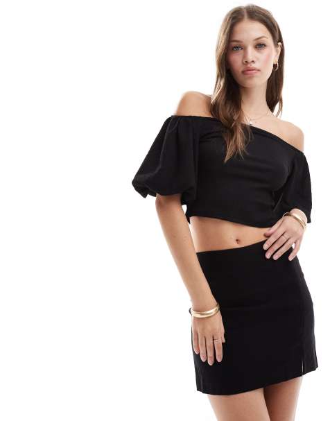 ASOS DESIGN textured puff sleeve bardot top in black - view 1