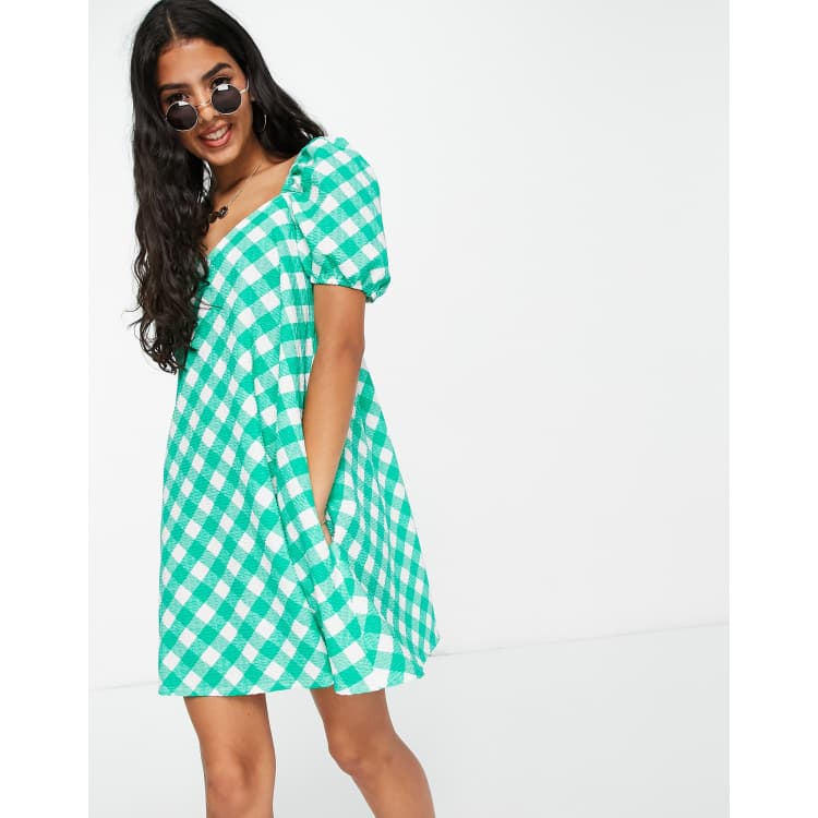 asos green gingham dress DESIGN textured puff sleeve mini in print fairy shirt