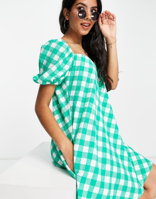 green gingham dress puff sleeve Scarf-Detail Strapless Gown in Spring Green - 6 main image 0
