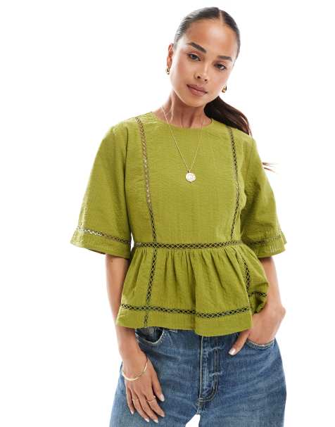 ASOS DESIGN textured puff sleeve top in green - view 1