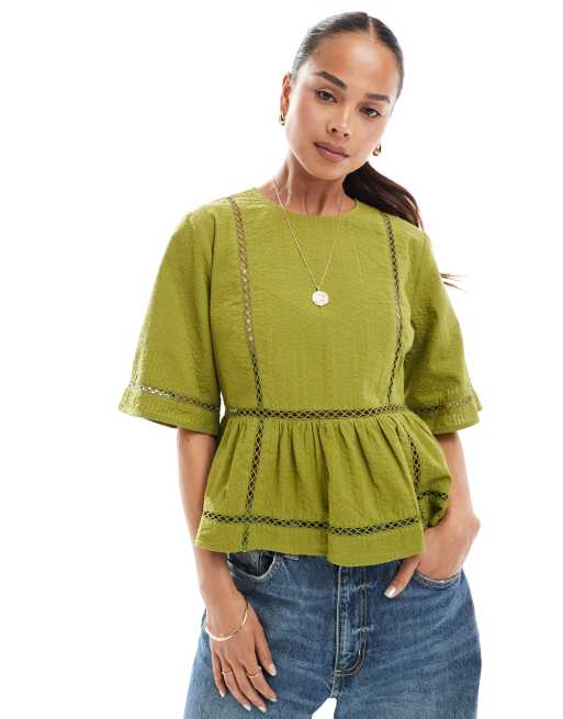 ASOS DESIGN textured puff sleeve top in green