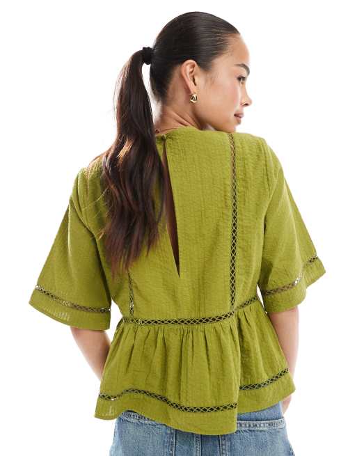ASOS DESIGN textured puff sleeve top in green