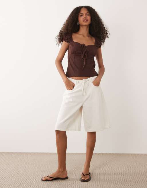 ASOS DESIGN textured puff sleeve with tie up detail top in chocolate, 2 of 4