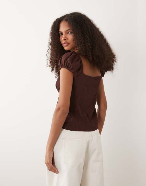 ASOS DESIGN textured puff sleeve with tie up detail top in chocolate, 4 of 4