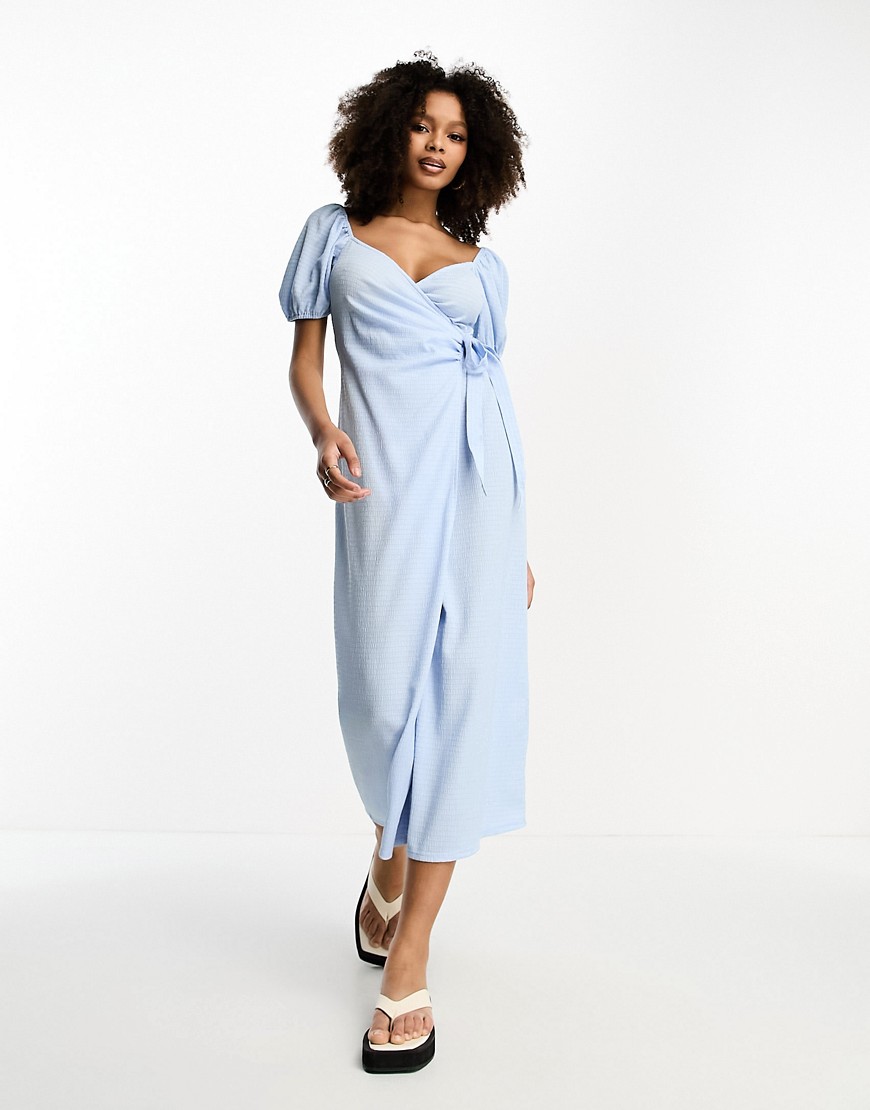 ASOS DESIGN textured puff sleeve wrap dress with side tie in blue