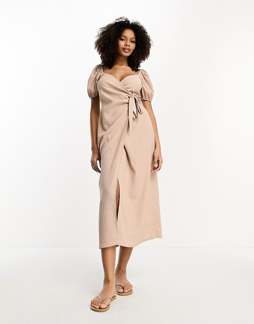 ASOS DESIGN textured puff sleeve wrap dress with side tie in mink-White