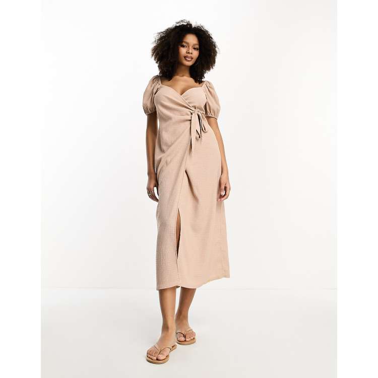 ASOS DESIGN chiffon tie neck ruched waist midi dress in stone