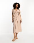 [ASOS DESIGN] ASOS DESIGN textured puff sleeve wrap dress with side tie in mink-White 8 Mink