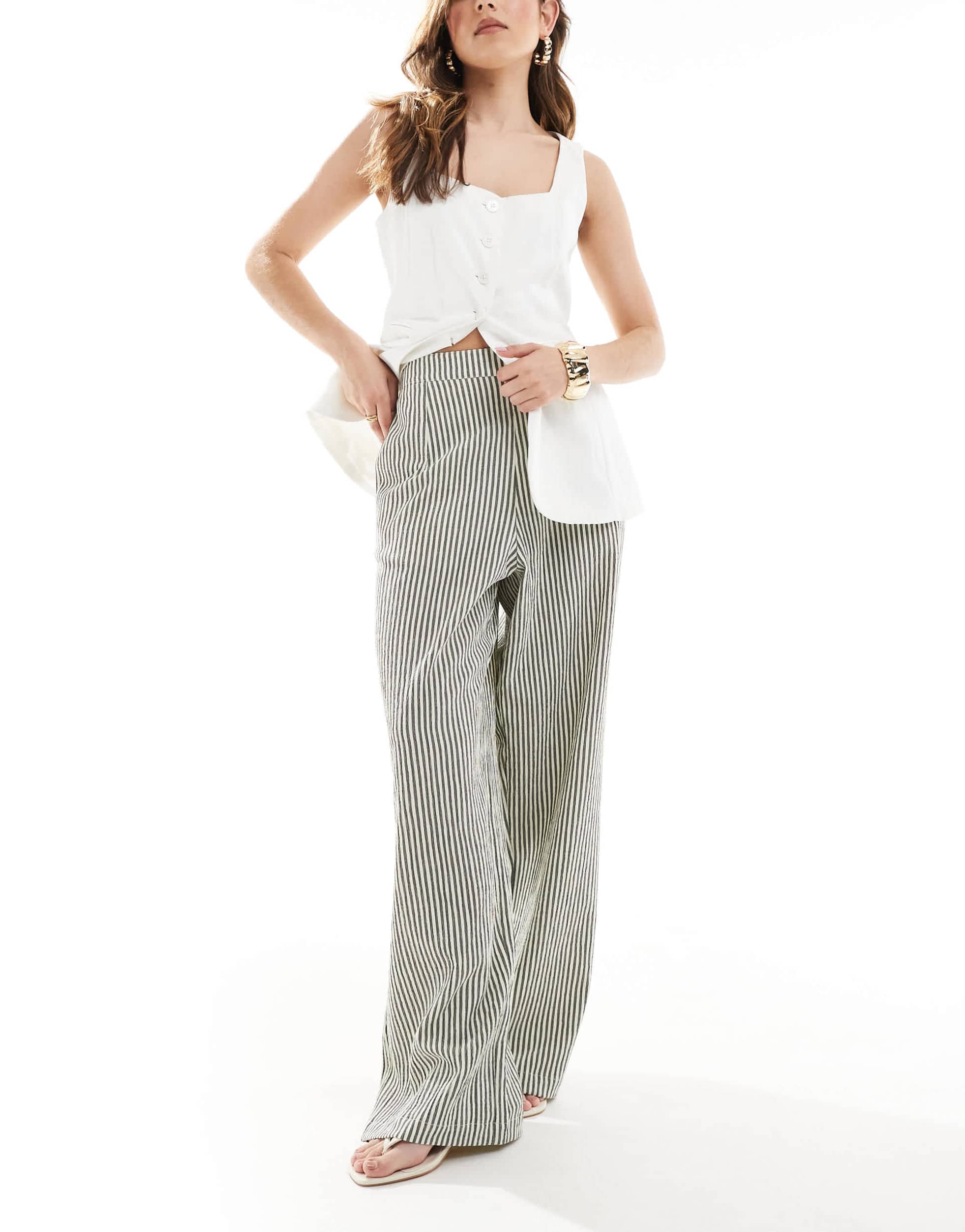 asos design textured pull on straight leg pants in brown and white stripe