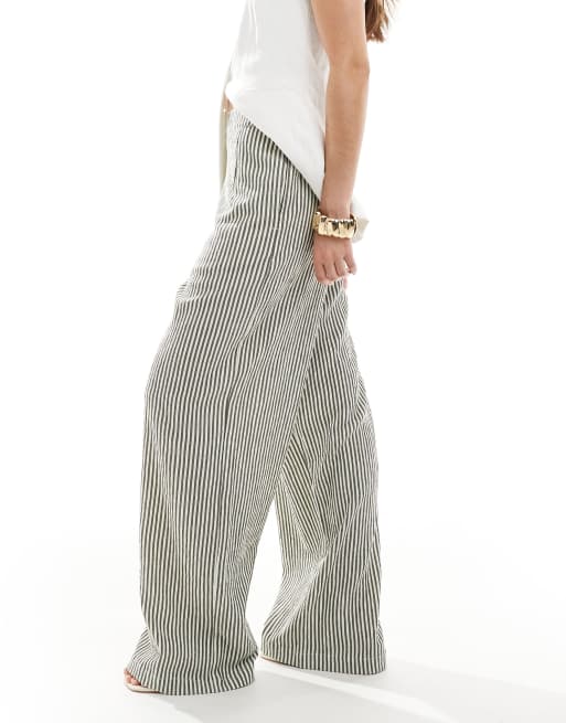 ASOS DESIGN textured pull on straight leg pants in brown and white stripe, 2 of 5