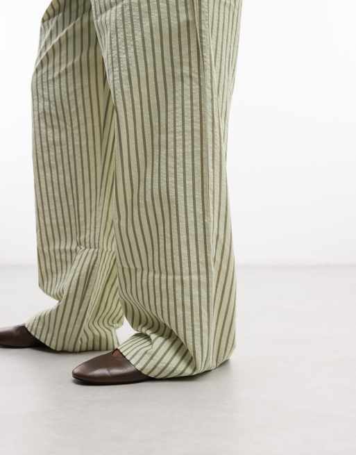 ASOS DESIGN textured pull on straight leg pants in khaki stripe, 4 of 5