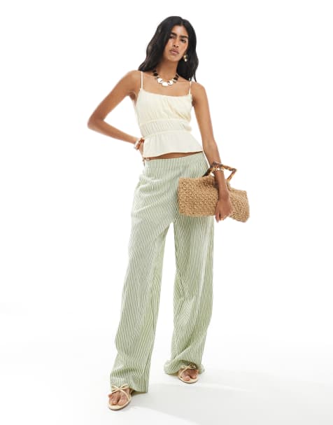 ASOS DESIGN textured pull on straight leg trousers in khaki stripe - view 1