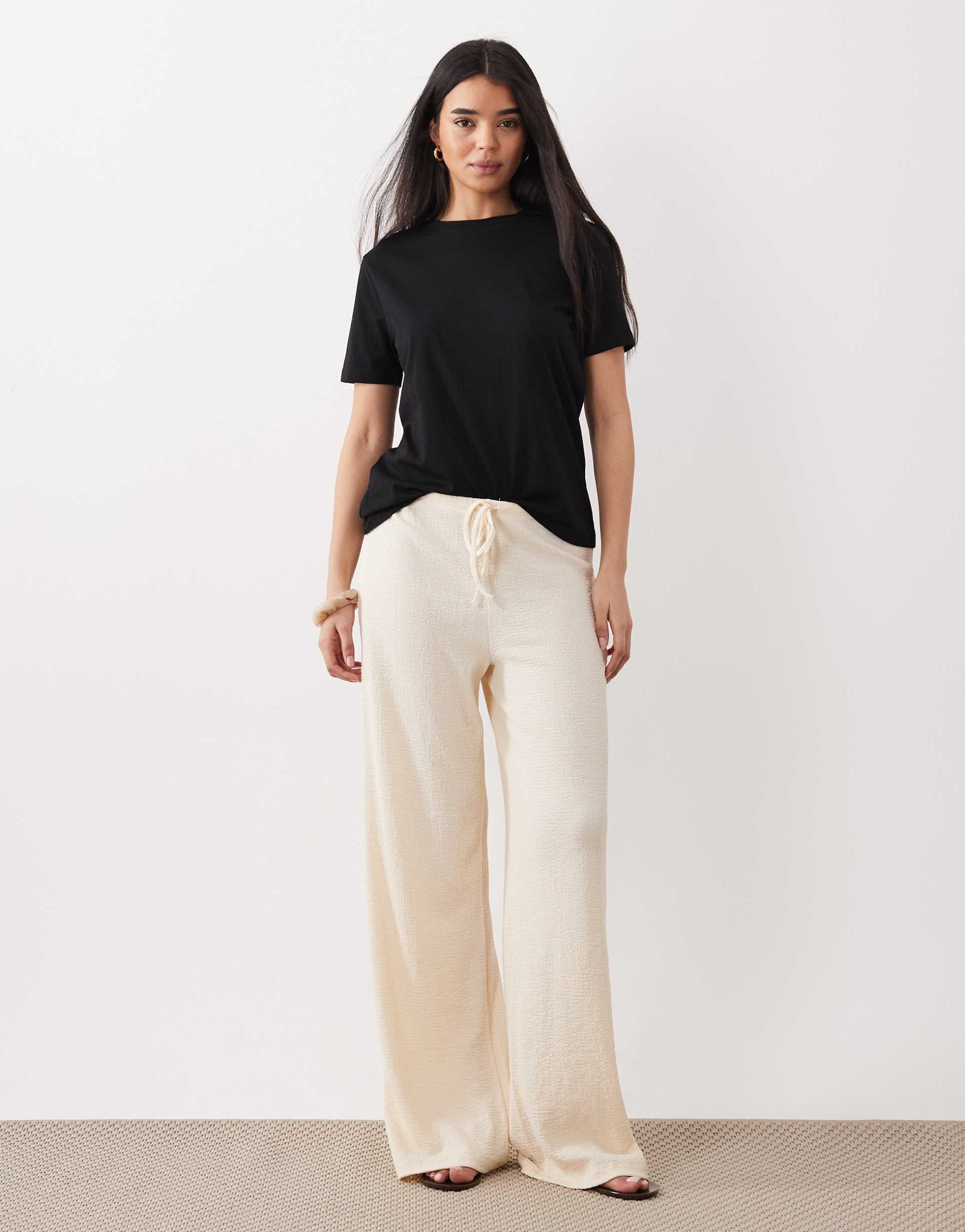 asos design textured pull-on wide leg pants in cream - part of a set