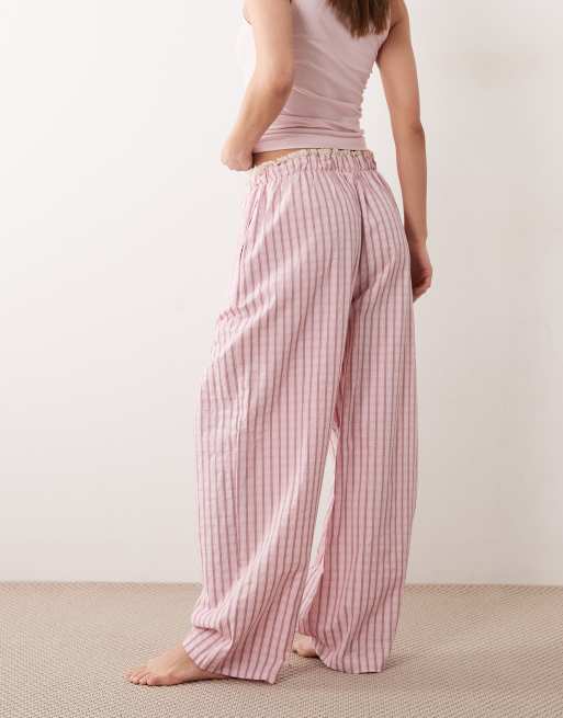 ASOS DESIGN textured pyjama pants with lace waistband trim in pink check, 2 of 4