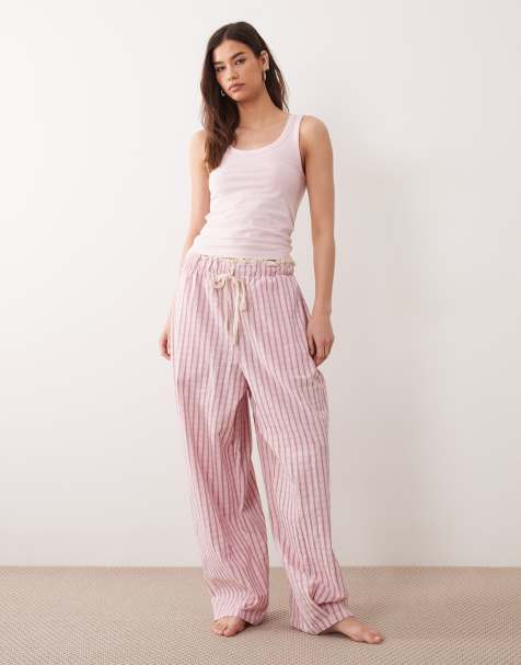 ASOS DESIGN textured pyjama trouser and 2 pack vest in pink - view 1