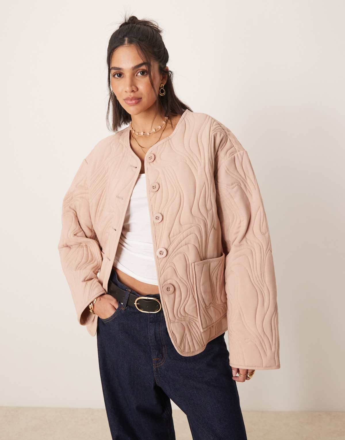 ASOS DESIGN textured quilted cotton jacket in pale pink