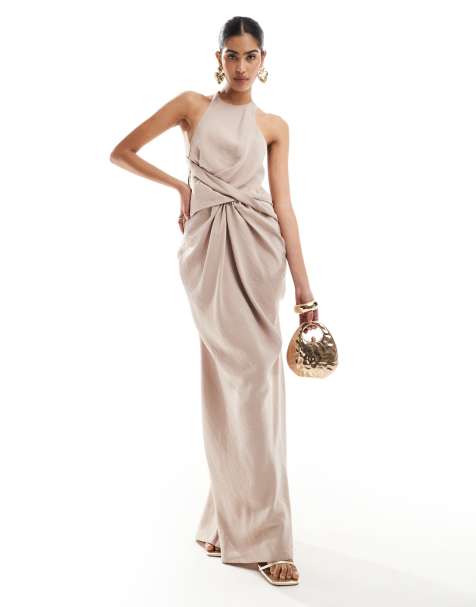 ASOS DESIGN textured racer neck maxi dress with twist waist detail in stone - view 1