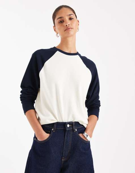 ASOS DESIGN textured raglan long sleeve t-shirt in cream & navy