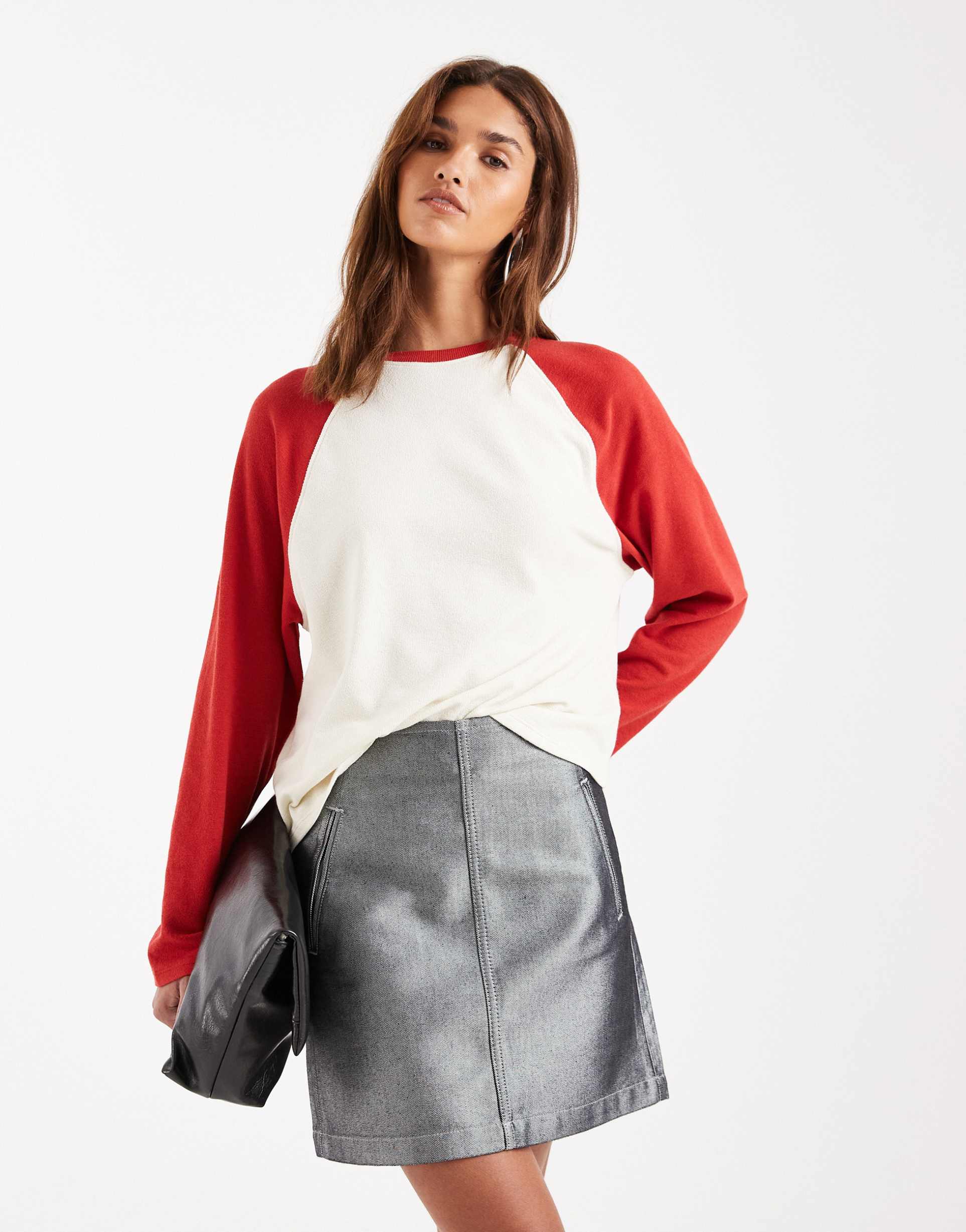 asos design textured raglan long sleeve t-shirt in cream & red