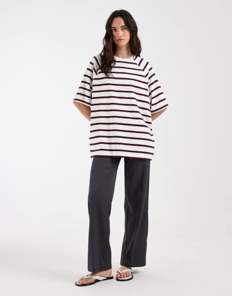 ASOS DESIGN textured raglan oversized T-shirt in cream & burgundy stripes - view 1