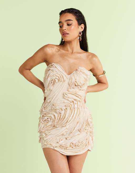 ASOS DESIGN textured raw edge bandeau mini dress in cream