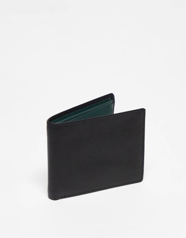 ASOS DESIGN textured real leather wallet with contrast in black and green