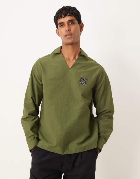 ASOS DESIGN textured relaxed over the head shirt with chest embroidery in khaki green - view 1