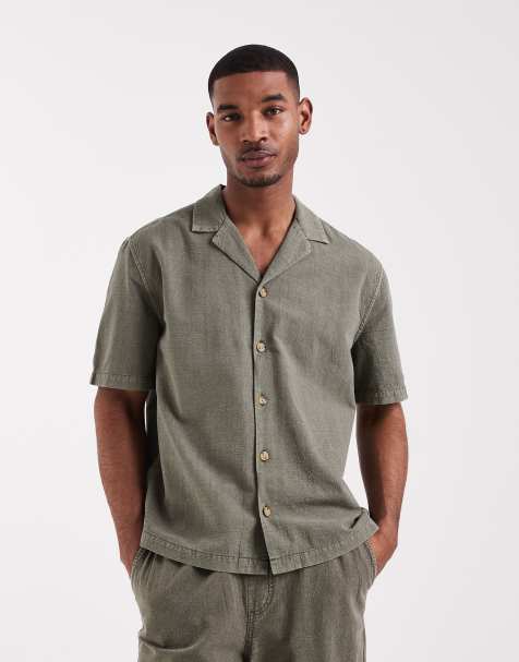 ASOS DESIGN textured revere shirt in khaki (part of a set) - view 1