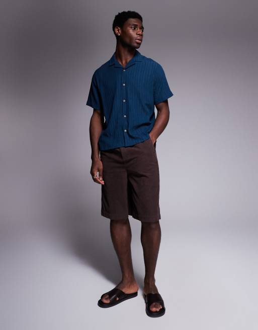ASOS DESIGN textured camp collar shirt in navy