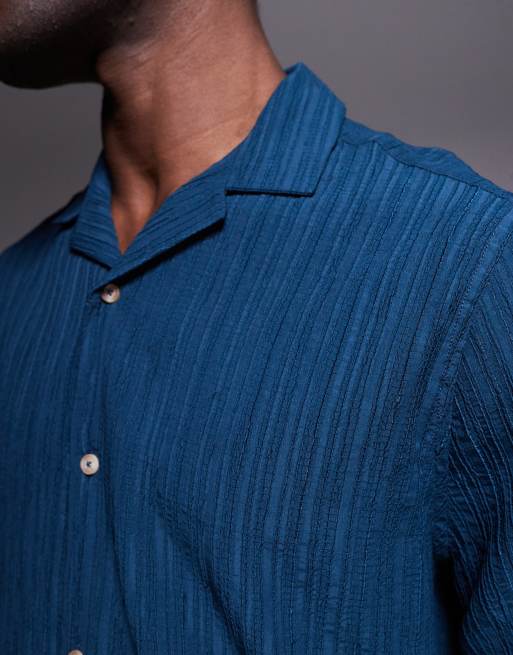 ASOS DESIGN textured camp collar shirt in navy