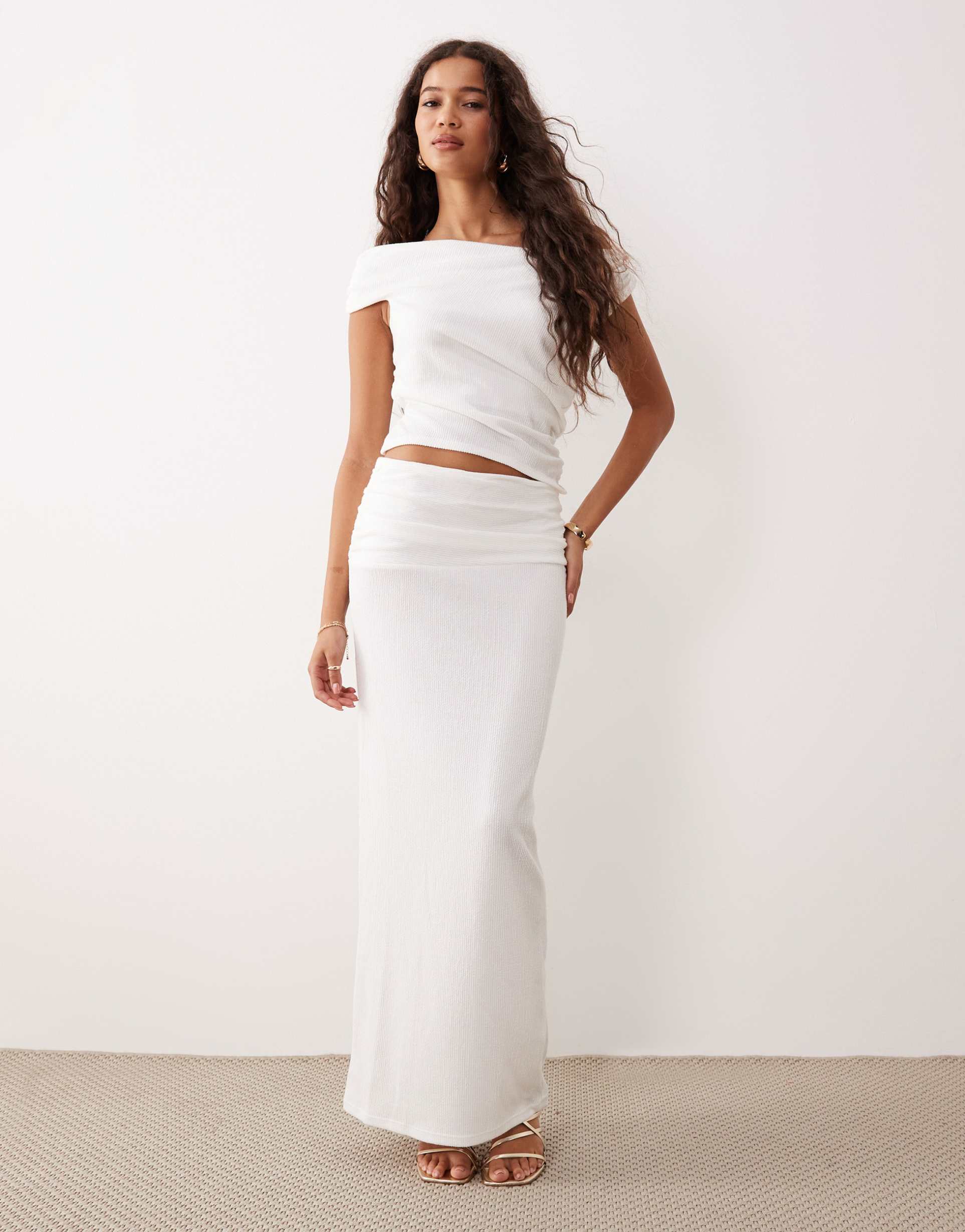 asos design textured rib knit column maxi skirt in ivory - part of a set