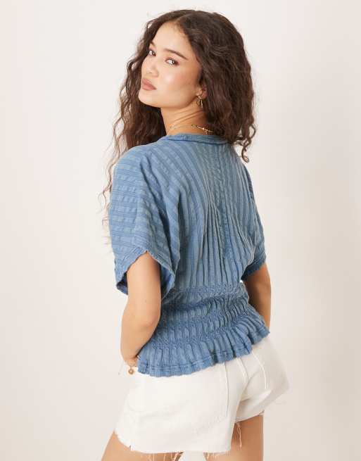 ASOS DESIGN textured rib knit shirred waist tee in blue