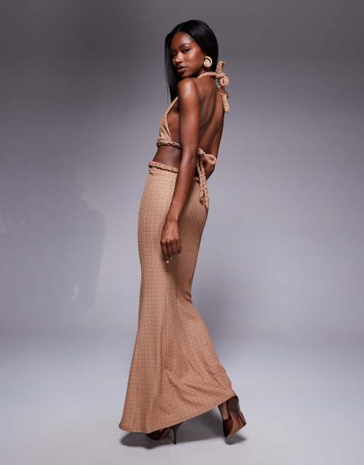 ASOS DESIGN textured rib orange plaited halter midi dress in camel