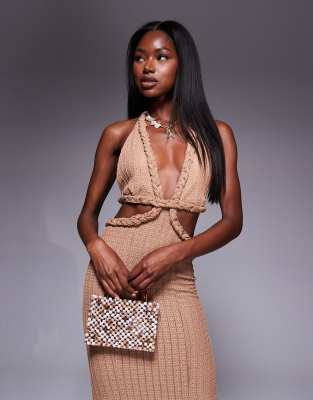 ASOS DESIGN textured rib orange plaited halter midi dress in camel
