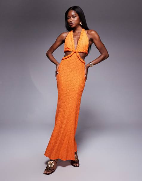 ASOS DESIGN textured rib orange plaited halter midi dress in orange - view 1
