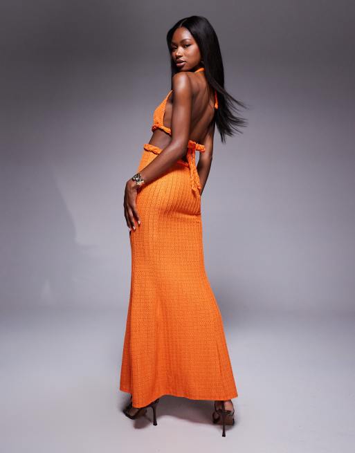 ASOS DESIGN textured rib orange plaited halter midi dress in orange