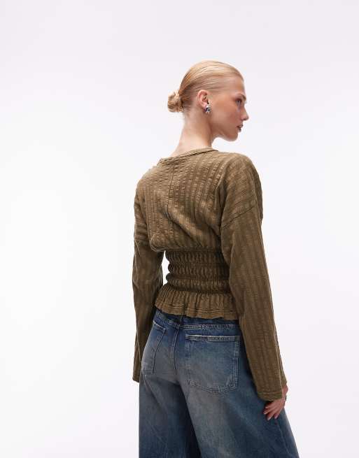 ASOS DESIGN textured rib shirred waist long sleeve tee in khaki, 2 of 4