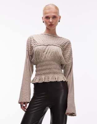Asos Design Textured Rib Shirred Waist Long Sleeve Tee In Multi