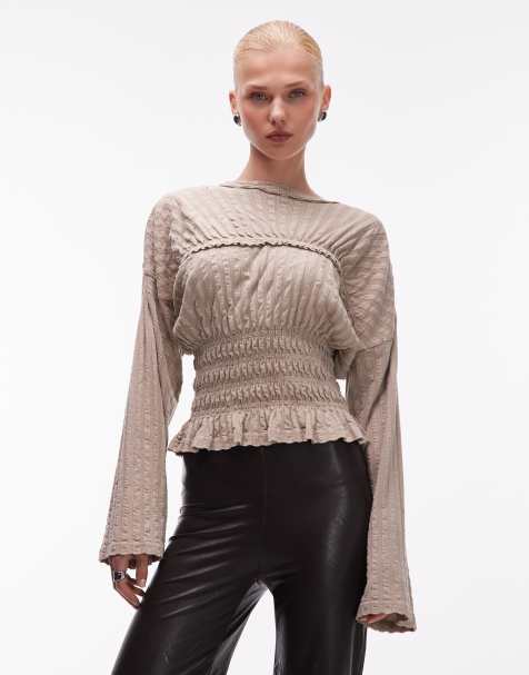 ASOS DESIGN textured rib shirred waist long sleeve tee in stone