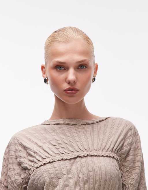 ASOS DESIGN textured rib shirred waist long sleeve tee in stone, 4 of 4